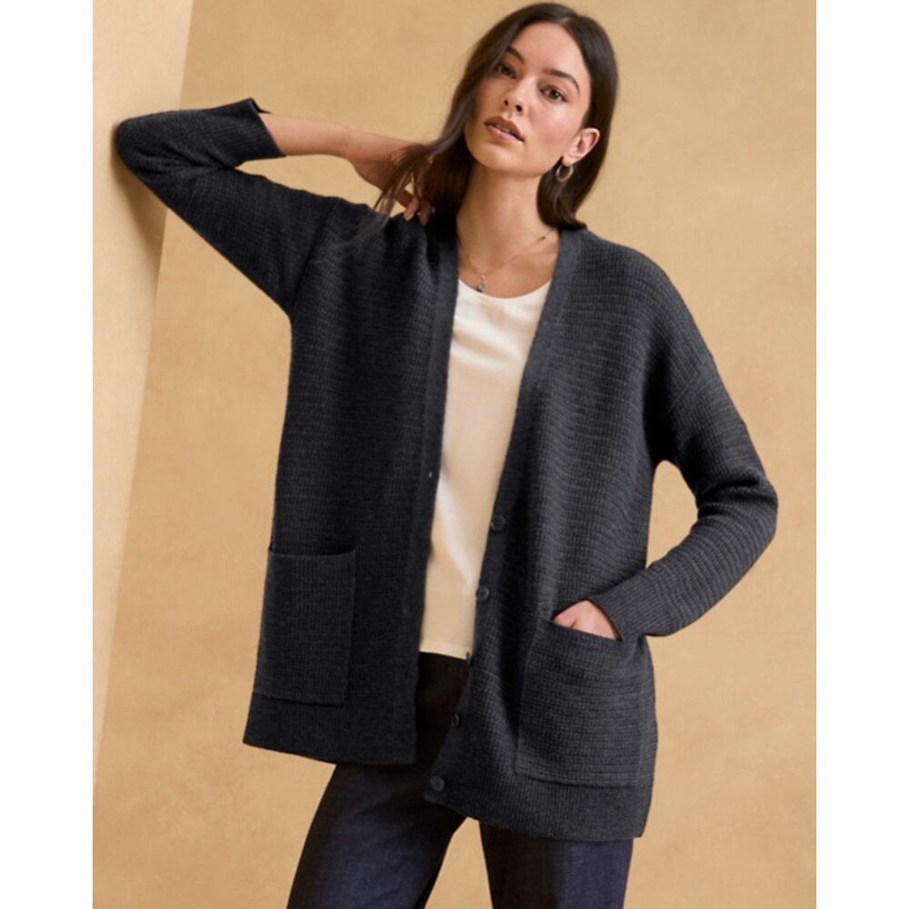 Eileen Fisher V-Neck Oversized Button-Up Cardigan Sweater Black Womens Size SP